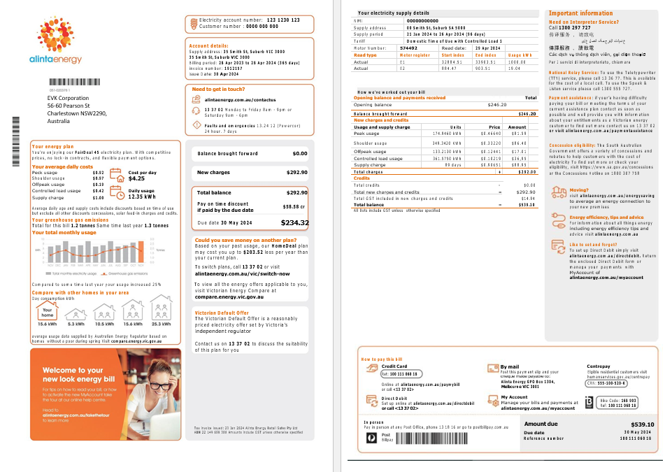 Australia Alinta Energy electricity business utility bill template in Word and PDF format, 2 pages